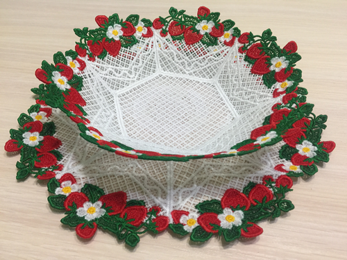 Strawberry free standing lace bowl and doily set