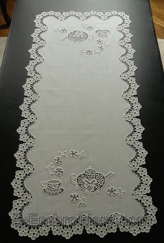 Freestanding lace table runner with teatime embroidery set