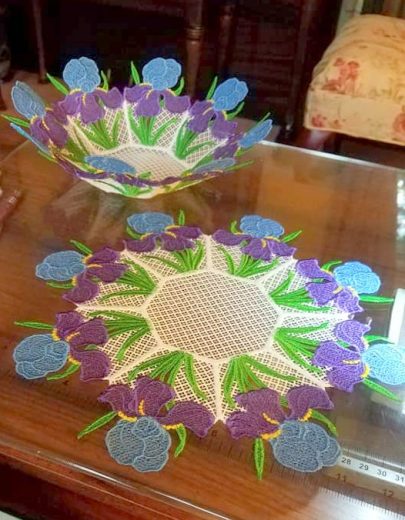 Iris free standing lace bowl and doily